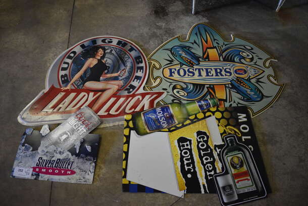 5 Various Metal Signs; Bud Light, Fosters, Molson, Coors Light, Jagermeister. Includes 35x29. 5 Times Your Bid! (basement)