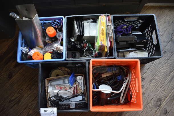 ALL ONE MONEY! Lot of 5 Boxes of Various Items Including Remotes, Wires, Office Supplies. (vestibule)