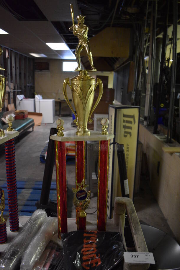 Tan Poly 3 Tier Cart w/ 2 Trophies and Jagermeister Items. 31x18x37.5. (basement)  - Image 2 of 5