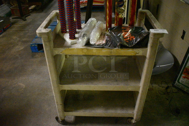 Tan Poly 3 Tier Cart w/ 2 Trophies and Jagermeister Items. 31x18x37.5. (basement)  - Image 5 of 5
