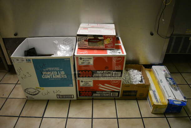 ALL ONE MONEY! Lot of Various Paper Products Including Straws, Bags, Pepper and Plastic Wrap. (kitchen) - Image 1 of 9