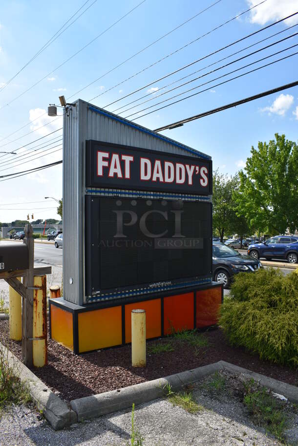 Fat Daddy's Metal Outdoor Light Up Sign. Most LED Message Center Light Bulbs Are Burnt Out. BUYER MUST REMOVE. 118x32x120. (outside)
