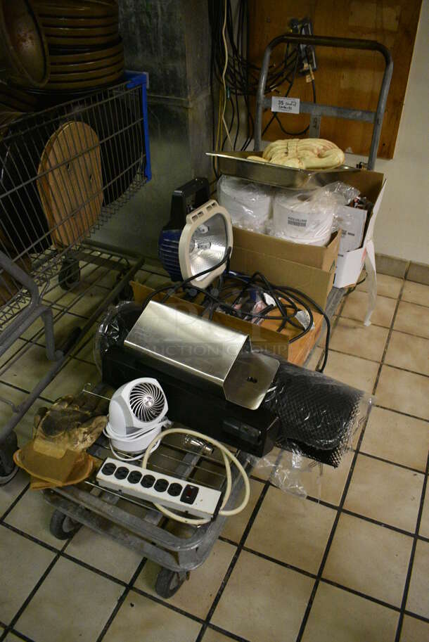 Metal Flat Cart w/ Contents Including Light, Fan, Power Strip, Gloves and Ketchup. 19x54x39. (kitchen) - Image 2 of 7