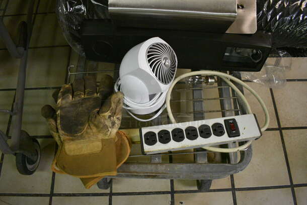 Metal Flat Cart w/ Contents Including Light, Fan, Power Strip, Gloves and Ketchup. 19x54x39. (kitchen) - Image 3 of 7
