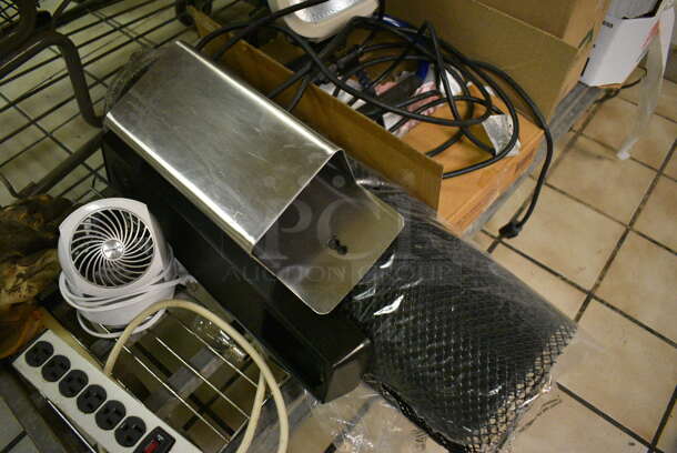 Metal Flat Cart w/ Contents Including Light, Fan, Power Strip, Gloves and Ketchup. 19x54x39. (kitchen) - Image 4 of 7