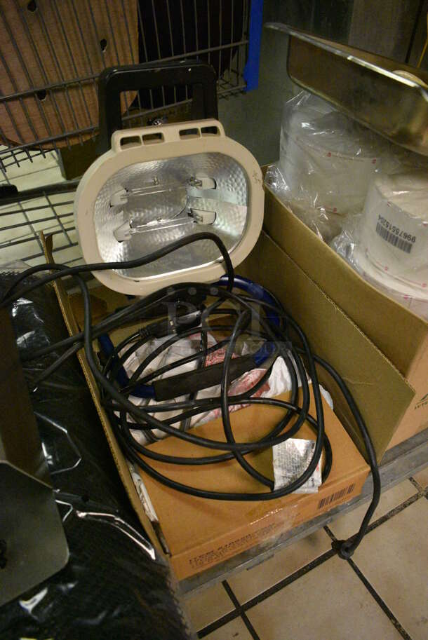 Metal Flat Cart w/ Contents Including Light, Fan, Power Strip, Gloves and Ketchup. 19x54x39. (kitchen) - Image 5 of 7