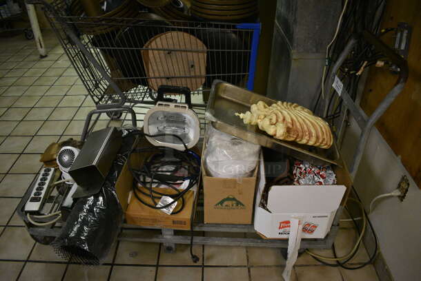 Metal Flat Cart w/ Contents Including Light, Fan, Power Strip, Gloves and Ketchup. 19x54x39. (kitchen) - Image 7 of 7