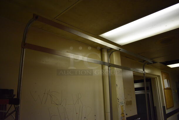 Stainless Steel Commercial 2 Bay Sink w/ Dual Drain Boards, Faucet, Handles and Pot Rack. BUYER MUST REMOVE. 97x28x90. Bays 22x22x14. Drain Boards 24x24x2. (dishwasher area) - Image 2 of 7