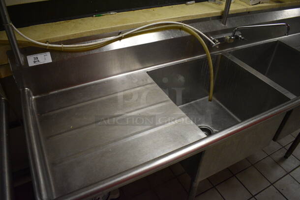 Stainless Steel Commercial 2 Bay Sink w/ Dual Drain Boards, Faucet, Handles and Pot Rack. BUYER MUST REMOVE. 97x28x90. Bays 22x22x14. Drain Boards 24x24x2. (dishwasher area) - Image 4 of 7