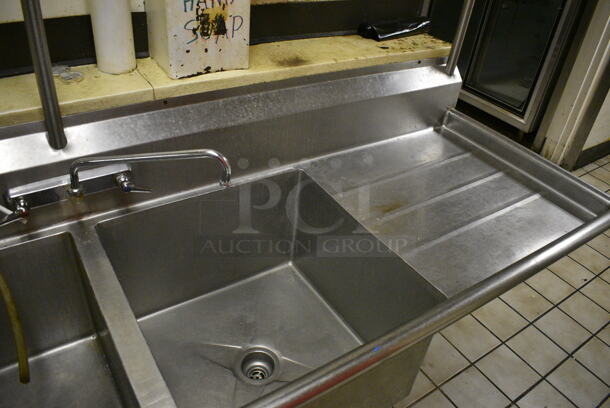 Stainless Steel Commercial 2 Bay Sink w/ Dual Drain Boards, Faucet, Handles and Pot Rack. BUYER MUST REMOVE. 97x28x90. Bays 22x22x14. Drain Boards 24x24x2. (dishwasher area) - Image 5 of 7