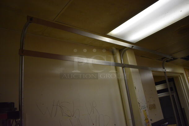 Stainless Steel Commercial 2 Bay Sink w/ Dual Drain Boards, Faucet, Handles and Pot Rack. BUYER MUST REMOVE. 97x28x90. Bays 22x22x14. Drain Boards 24x24x2. (dishwasher area) - Image 6 of 7