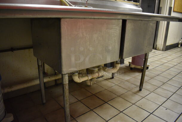 Stainless Steel Commercial 2 Bay Sink w/ Dual Drain Boards, Faucet, Handles and Pot Rack. BUYER MUST REMOVE. 97x28x90. Bays 22x22x14. Drain Boards 24x24x2. (dishwasher area) - Image 7 of 7