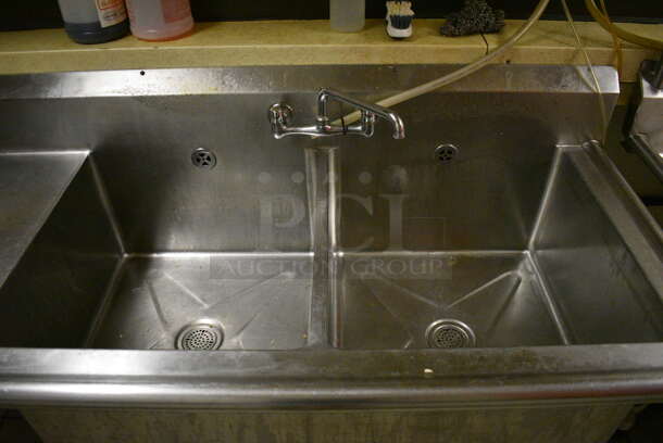 Stainless Steel Commercial 2 Bay Sink w/ Left Side Dual Drain Board, Faucet, Handles. BUYER MUST REMOVE. 79x30x42.5. Bays 23x24x14. Drain Board 28x26x1. (dishwasher area) - Image 3 of 5