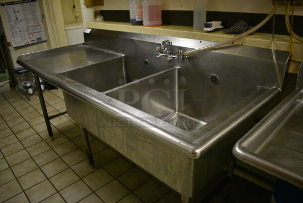 Stainless Steel Commercial 2 Bay Sink w/ Left Side Dual Drain Board, Faucet, Handles. BUYER MUST REMOVE. 79x30x42.5. Bays 23x24x14. Drain Board 28x26x1. (dishwasher area) - Image 5 of 5