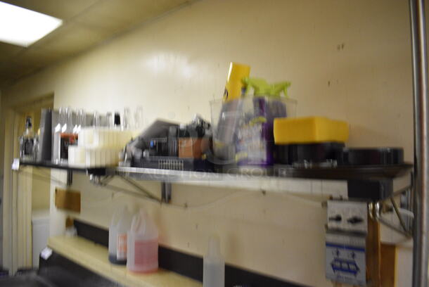 2 Metro Metal Wall Mount Shelves w/ Contents Including Bottles and Bar Topping Inserts. BUYER MUST REMOVE. 42x14x7.5. 2 Times Your Bid! (dishwasher area) - Image 7 of 9