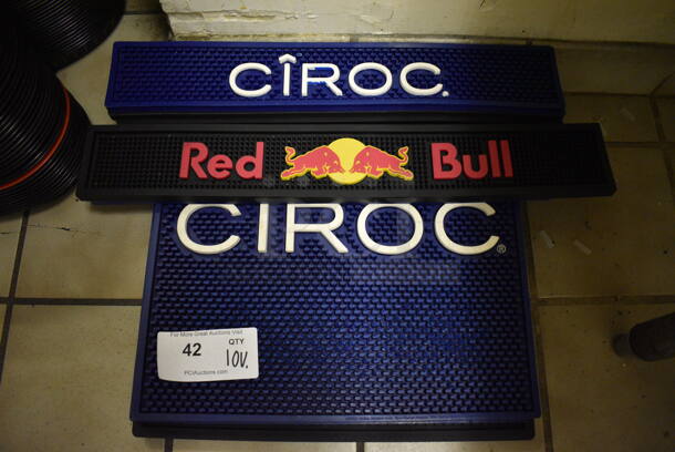 10 Various Bar Mats; Red Bull, 2 Jagermeister, Crown Royal, 4 Ciroc, Barcardi and KetelOne Vodka. Includes 16x16x0.5, 20.5x3x0.5. 10 Times Your Bid! (dishwasher area)
