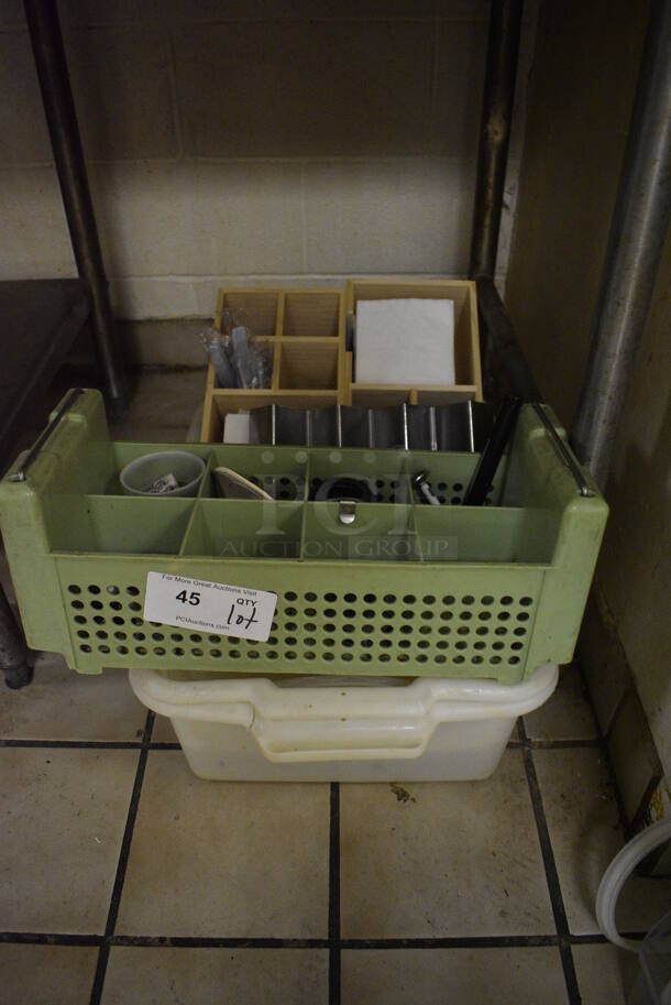 ALL ONE MONEY! Lot of Poly Bus Bin, Silverware Caddy and 2 Napkin/Straw Holders. (dishwasher area) - Image 1 of 5