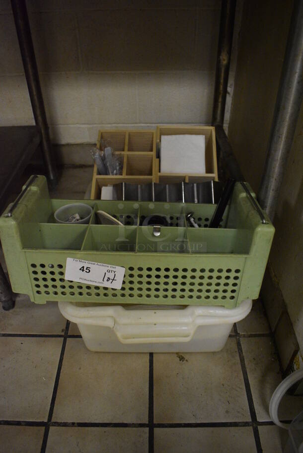 ALL ONE MONEY! Lot of Poly Bus Bin, Silverware Caddy and 2 Napkin/Straw Holders. (dishwasher area)