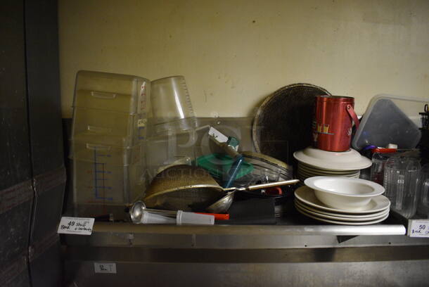 Stainless Steel Wall Mount Shelf w/ Contents Including Poly Bins, Ceramic Plates and Utensils. BUYER MUST REMOVE. 40x23x12. (dishwasher area) - Image 1 of 6