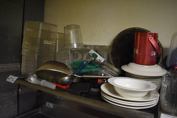 Stainless Steel Wall Mount Shelf w/ Contents Including Poly Bins, Ceramic Plates and Utensils. BUYER MUST REMOVE. 40x23x12. (dishwasher area) - Image 2 of 6