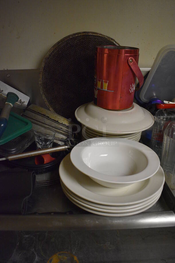 Stainless Steel Wall Mount Shelf w/ Contents Including Poly Bins, Ceramic Plates and Utensils. BUYER MUST REMOVE. 40x23x12. (dishwasher area) - Image 3 of 6