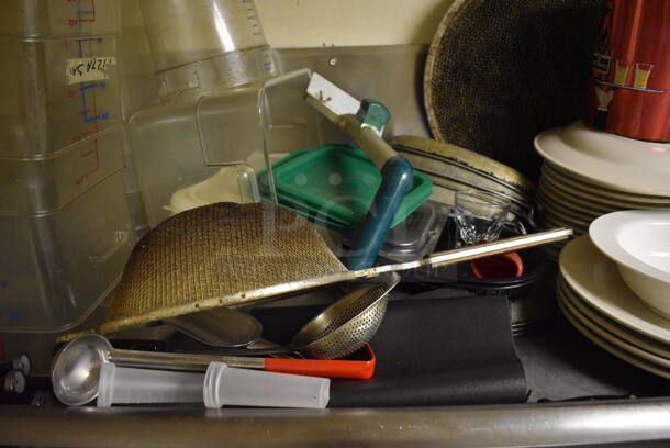 Stainless Steel Wall Mount Shelf w/ Contents Including Poly Bins, Ceramic Plates and Utensils. BUYER MUST REMOVE. 40x23x12. (dishwasher area) - Image 4 of 6