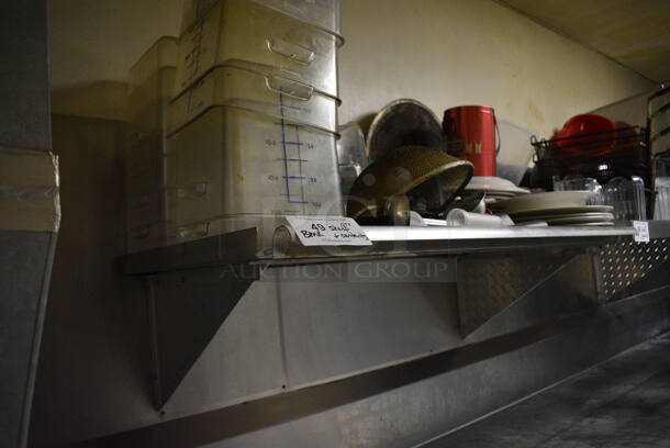 Stainless Steel Wall Mount Shelf w/ Contents Including Poly Bins, Ceramic Plates and Utensils. BUYER MUST REMOVE. 40x23x12. (dishwasher area) - Image 6 of 6