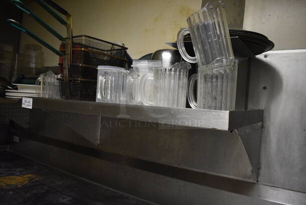 Stainless Steel Wall Mount Shelf w/ Contents Including Metal Fry Baskets and Poly Pitchers. BUYER MUST REMOVE. 42x22x12. (dishwasher area) - Image 6 of 6