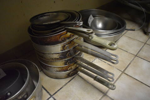 10 Various Metal Items; 4 Skillets and  6 Shallow Sauce Pans. Includes 22x12x2.5. 10 Times Your Bid! (dishwasher area)