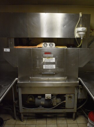 Hobart Stainless Steel Commercial Conveyor Dishwasher w/ Hood. Includes 208/240 Volts. Goes GREAT w/ Lots 55 and 57! BUYER MUST REMOVE. 64x30x84. (dishwasher area)