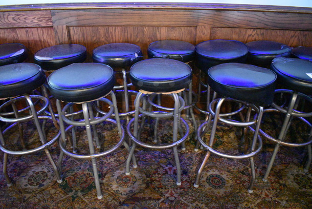 13 Metal Stools w/ Black Cushion. Stock Picture - Cosmetic Condition May Vary. 16x16x29. 13 Times Your Bid! (bar)