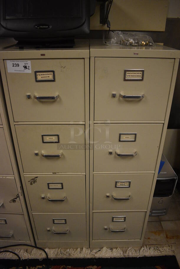 2 Tan Metal 4 Drawer Filing Cabinet. Does Not Include Contents. BUYER MUST REMOVE. 15x27x52. 2 Times Your Bid! (office)