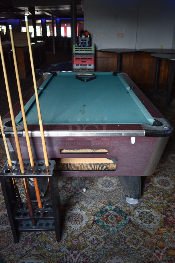 Great American Eagle Coin Operated Pool Table w/ Balls, Ball Rack, 4 Pool Cues, Cue Rack and Brush. BUYER MUST REMOVE. 92x52x33. (bar) - Image 2 of 12