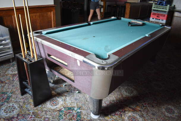 Great American Eagle Coin Operated Pool Table w/ Balls, Ball Rack, 4 Pool Cues, Cue Rack and Brush. BUYER MUST REMOVE. 92x52x33. (bar) - Image 4 of 12