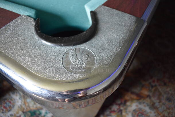 Great American Eagle Coin Operated Pool Table w/ Balls, Ball Rack, 4 Pool Cues, Cue Rack and Brush. BUYER MUST REMOVE. 92x52x33. (bar) - Image 5 of 12