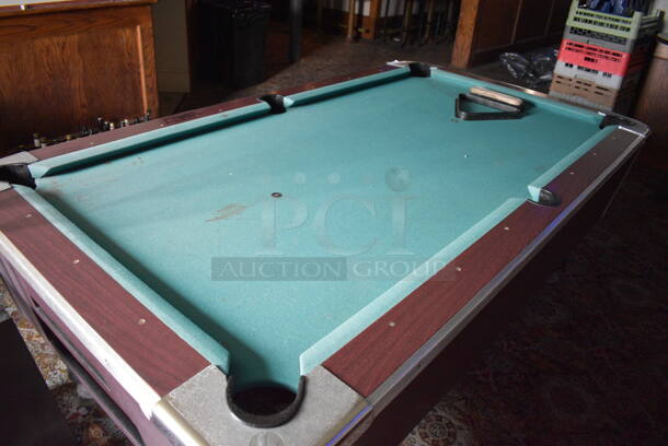 Great American Eagle Coin Operated Pool Table w/ Balls, Ball Rack, 4 Pool Cues, Cue Rack and Brush. BUYER MUST REMOVE. 92x52x33. (bar) - Image 6 of 12