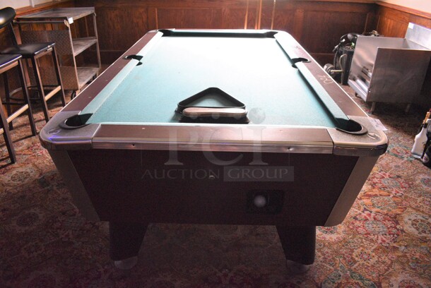 Great American Eagle Coin Operated Pool Table w/ Balls, Ball Rack, 4 Pool Cues, Cue Rack and Brush. BUYER MUST REMOVE. 92x52x33. (bar) - Image 7 of 12