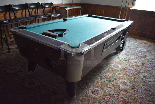 Great American Eagle Coin Operated Pool Table w/ Balls, Ball Rack, 4 Pool Cues, Cue Rack and Brush. BUYER MUST REMOVE. 92x52x33. (bar) - Image 9 of 12