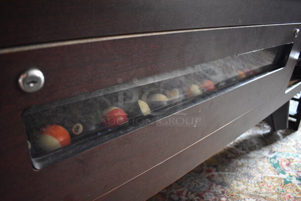 Great American Eagle Coin Operated Pool Table w/ Balls, Ball Rack, 4 Pool Cues, Cue Rack and Brush. BUYER MUST REMOVE. 92x52x33. (bar) - Image 10 of 12