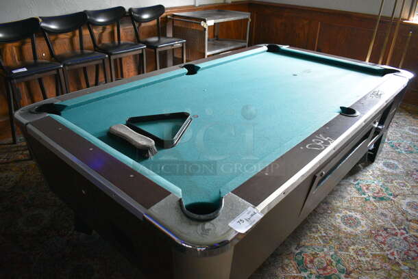 Great American Eagle Coin Operated Pool Table w/ Balls, Ball Rack, 4 Pool Cues, Cue Rack and Brush. BUYER MUST REMOVE. 92x52x33. (bar) - Image 11 of 12