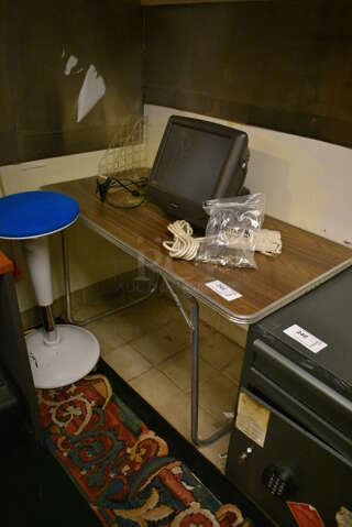 ALL ONE MONEY! Lot of Table, Radiant POS Monitor, Stool and Power Strip. 48x24x27. (office)