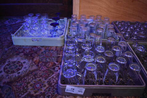 ALL ONE MONEY! Lot of Approximately 60 Various Glasses In 3 Dish Caddies Including Mugs, Beverage and Stemmed. includes 3.5x3.5x6. (bar)