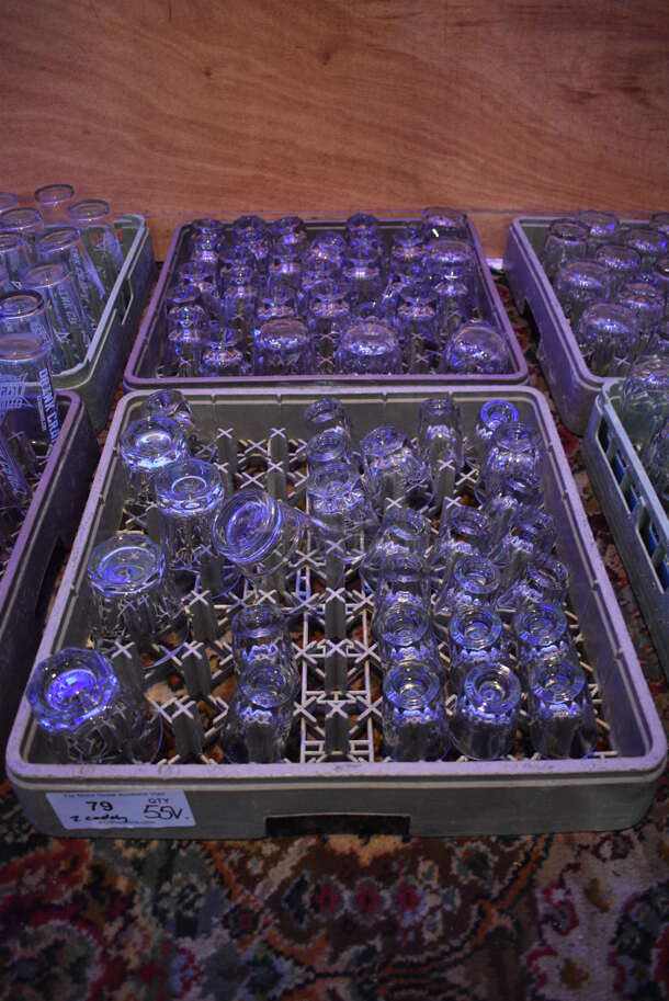 ALL ONE MONEY! Lot of Approximately 55 Various Glasses In 2 Dish Caddies Including Rocks and Shot. Includes 3x3x3. (bar)