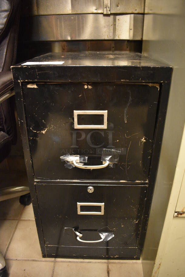 Black Metal 2 Drawer Filing Cabinet. Does Not Include Contents. BUYER MUST REMOVE. 15x19x28. (office)
