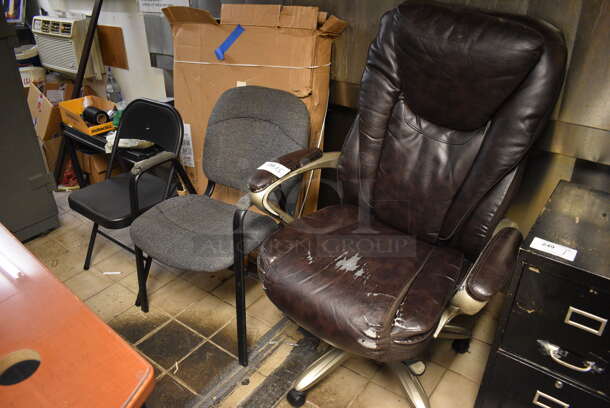 3 Various Chairs; Folding Chair, Gray Chair and Brown Chair. Includes 32x26x48. 3 Times Your Bid! (office)