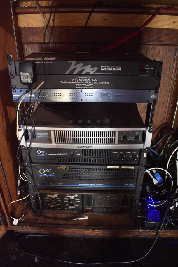 7 Various Rack Units; Peavey CS-400 Amplifier, QSC USA 850 Amplifier, QSC RMX2450 Amplifier, PLX2502 Amplifier, Soundweb BLU-100 Processor, Middle Atlantic PD-915R Power Center. 19x16x26. 7 Times Your Bid! (bar) - Image 1 of 10