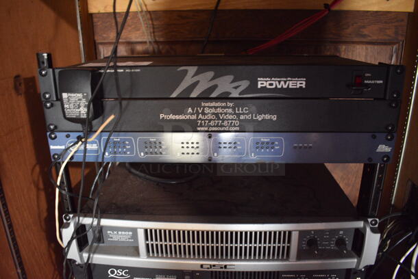 7 Various Rack Units; Peavey CS-400 Amplifier, QSC USA 850 Amplifier, QSC RMX2450 Amplifier, PLX2502 Amplifier, Soundweb BLU-100 Processor, Middle Atlantic PD-915R Power Center. 19x16x26. 7 Times Your Bid! (bar) - Image 2 of 10