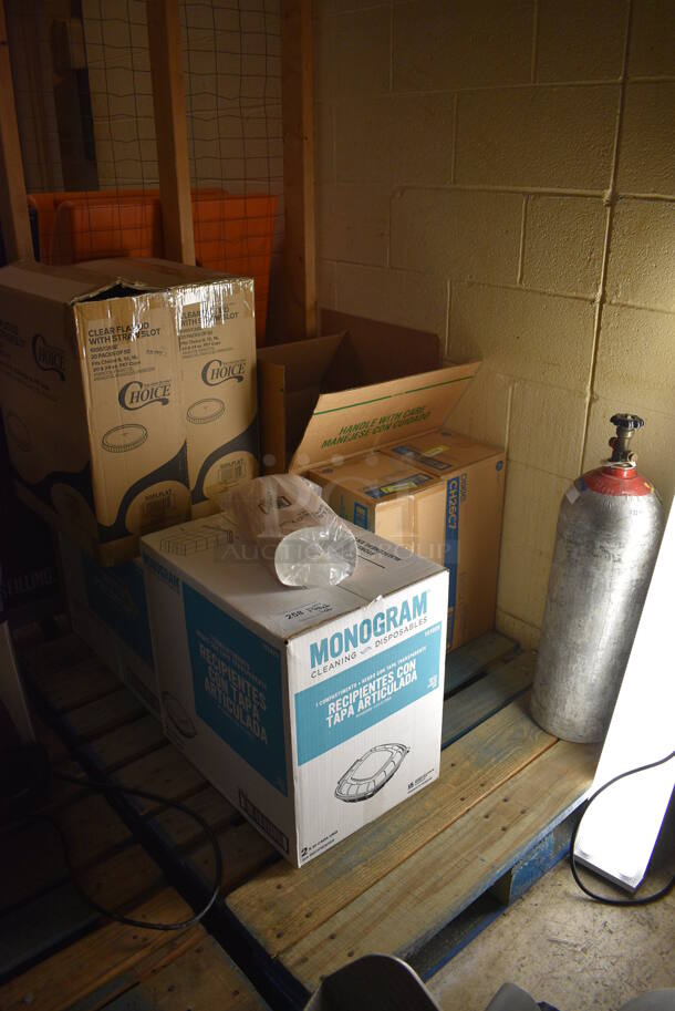 PALLET LOT of Metal CO2 Tank and Paper Products Including Lids and Containers. BUYER MUST REMOVE. (basement)
