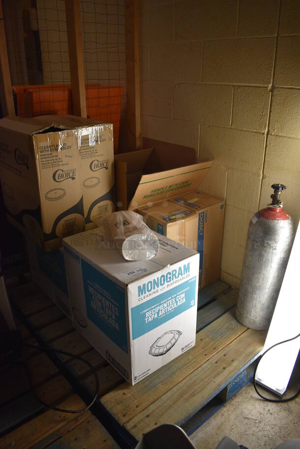 PALLET LOT of Metal CO2 Tank and Paper Products Including Lids and Containers. BUYER MUST REMOVE. (basement) - Image 1 of 6
