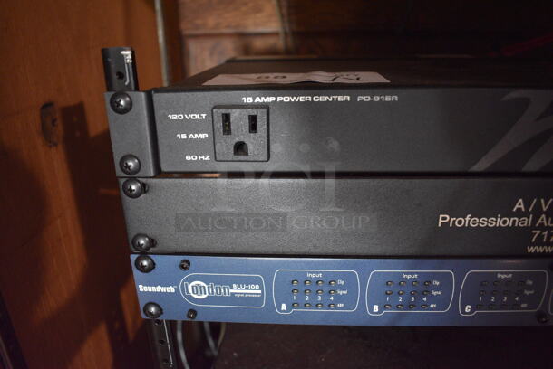 7 Various Rack Units; Peavey CS-400 Amplifier, QSC USA 850 Amplifier, QSC RMX2450 Amplifier, PLX2502 Amplifier, Soundweb BLU-100 Processor, Middle Atlantic PD-915R Power Center. 19x16x26. 7 Times Your Bid! (bar) - Image 10 of 10